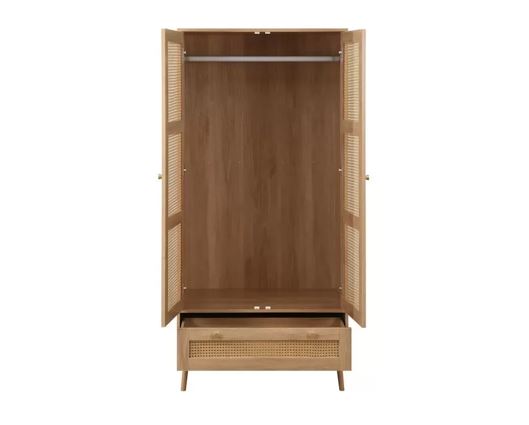 Catalina 2 Door 1 Drawer Rattan Wardrobe- Oak