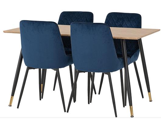 HAMILTON & AVERY MEDIUM DINING SET (X4 CHAIRS) - MEDIUM OAK EFFECT/SAPPHIRE BLUE VELVET