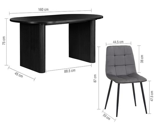 Axel Oval Fluted Dining Table with 4 Fabric Chairs - Black