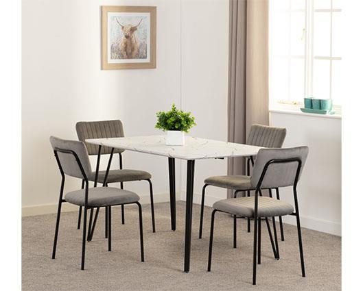 MARLOW & SHELDON DINING SET (X4 CHAIRS) - WHITE MARBLE/GREY VELVET FABRIC