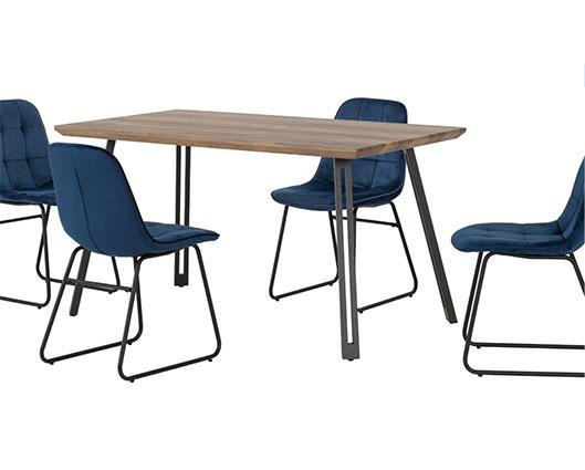 QUEBEC STRAIGHT & LUKAS DINING SET (X4 CHAIRS) - MEDIUM OAK EFFECT/SAPPHIRE BLUE VELVET