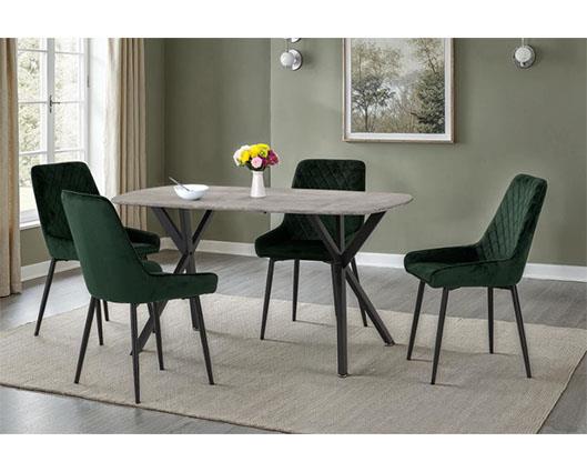 ATHENS RECT & AVERY DINING SET (X4 CHAIRS) - CONCRETE/EMERALD GREEN VELVET