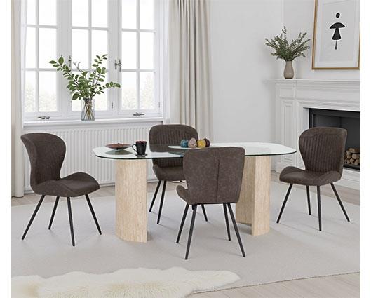 MODENA & QUEBEC DINING SET (X4 CHAIRS) - CREAM/BROWN FAUX LEATHER