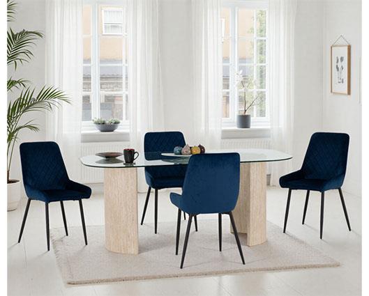 MODENA & AVERY DINING SET (X4 CHAIRS) - CREAM/SAPPHIRE BLUE VELVET