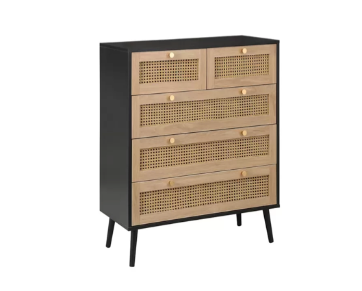Catalina 5 Drawer Rattan Chest- Black