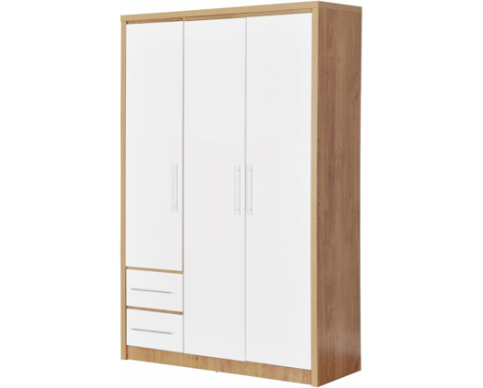 Santos 3 Door 2 Drawer Wardrobe - White High Gloss/Light Oak Effect Veneer