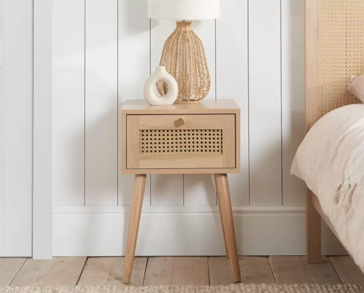 Catalina 1 Drawer Rattan Bedside- Oak