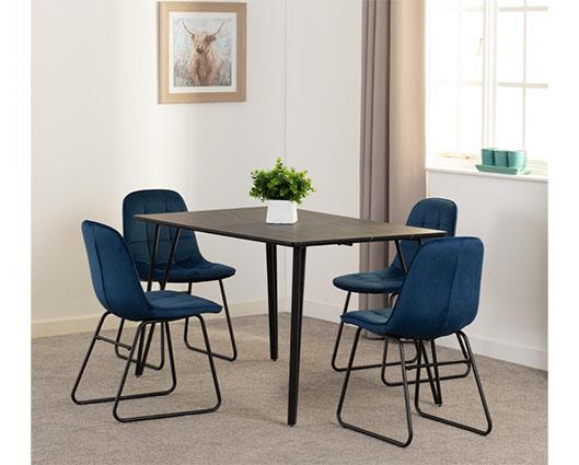 MARLOW & LUKAS DINING SET (X4 CHAIRS) - BLACK MARBLE/SAPPHIRE BLUE VELVET