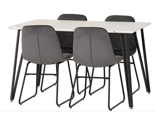 MARLOW & LUKAS DINING SET (X4 CHAIRS) - WHITE MARBLE/GREY VELVET
