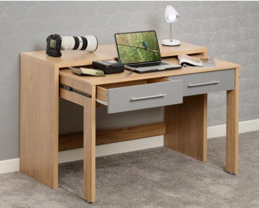 Santos 2 Drawer Slider Desk - Grey High Gloss/Light Oak Effect Veneer