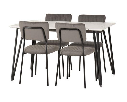MARLOW & SHELDON DINING SET (X4 CHAIRS) - WHITE MARBLE/GREY VELVET FABRIC
