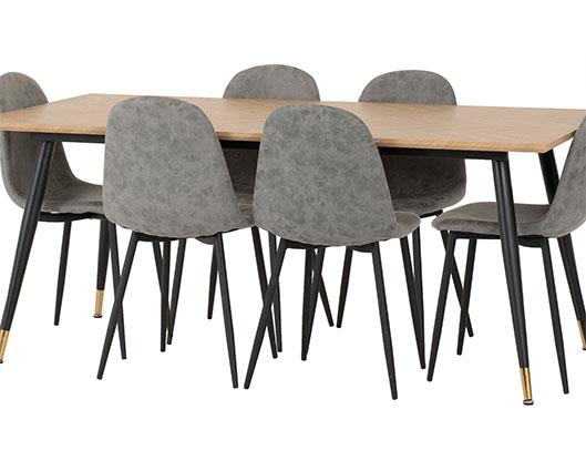 HAMILTON & ATHENS LARGE DINING SET (X6 CHAIRS) - MEDIUM OAK EFFECT/GREY FAUX LEATHER