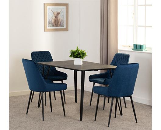 MARLOW & AVERY DINING SET (X4 CHAIRS) - BLACK MARBLE/SAPPHIRE BLUE VELVET