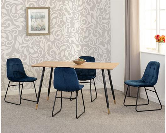 HAMILTON & LUKAS MEDIUM DINING SET (X4 CHAIRS) - MEDIUM OAK EFFECT/SAPPHIRE BLUE VELVET
