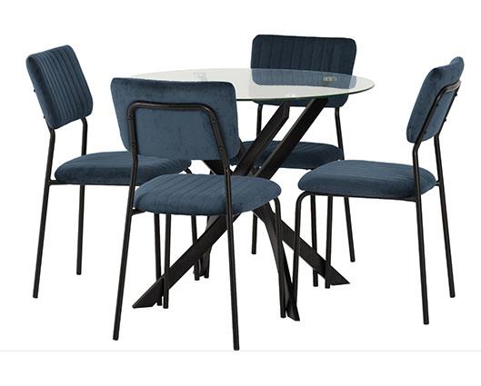 SHELDON ROUND GLASS TOP DINING SET (X4 CHAIRS) - CLEAR GLASS/NAVY BLUE VELVET FABRIC