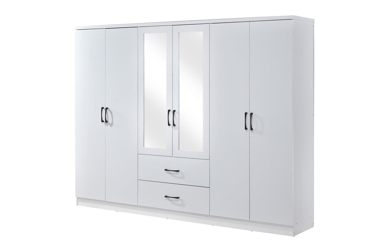 6 Door Wardrobe - White (Black Handles)