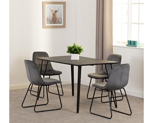 MARLOW & LUKAS DINING SET (X4 CHAIRS) - BLACK MARBLE/GREY VELVET