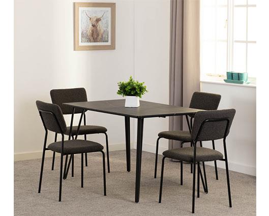 MARLOW & SHELDON DINING SET (X4 CHAIRS) - BLACK MARBLE/GREY BOUCLE FABRIC