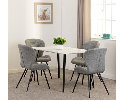 MARLOW & QUEBEC DINING SET (X4 CHAIRS) - WHITE MARBLE/GREY FAUX LEATHER