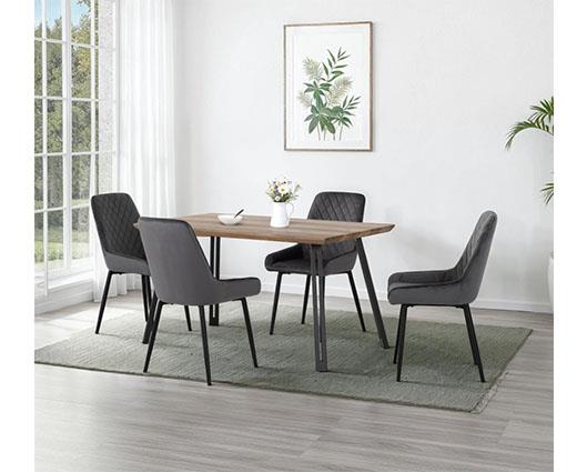 QUEBEC STRAIGHT & AVERY DINING SET (X4 CHAIRS) - MEDIUM OAK EFFECT/GREY VELVET