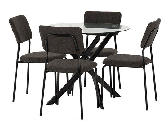 SHELDON ROUND GLASS TOP DINING SET (X4 CHAIRS) - CLEAR GLASS/GREY BOUCLE FABRIC