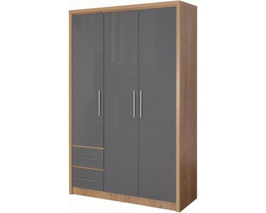 Santos 3 Door 2 Drawer Wardrobe - Grey High Gloss/Light Oak Effect Veneer