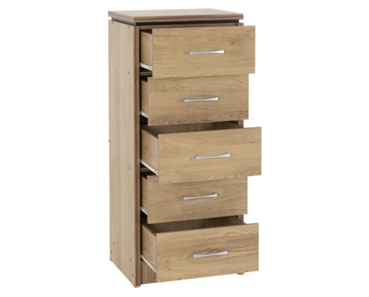 Cordell 5 Drawer Narrow Chest - Oak Effect Veneer with Walnut Trim