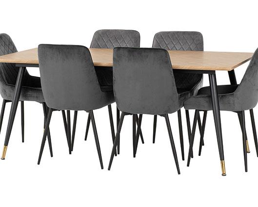 HAMILTON & AVERY LARGE DINING SET (X6 CHAIRS) - MEDIUM OAK EFFECT/GREY VELVET