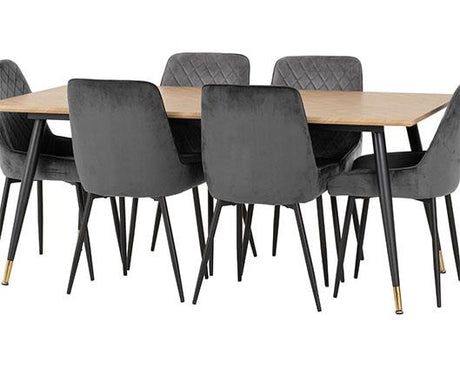 HAMILTON & AVERY LARGE DINING SET (X6 CHAIRS) - MEDIUM OAK EFFECT/GREY VELVET