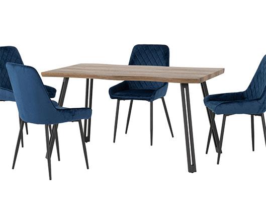 QUEBEC WAVE & AVERY DINING SET (X4 CHAIRS) - MEDIUM OAK EFFECT/SAPPHIRE BLUE VELVET