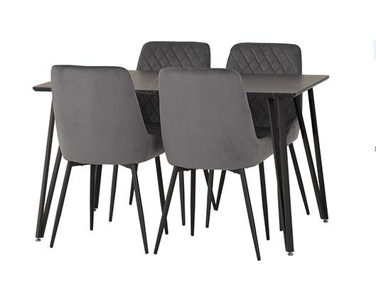 MARLOW & AVERY DINING SET (X4 CHAIRS) - BLACK MARBLE/GREY VELVET