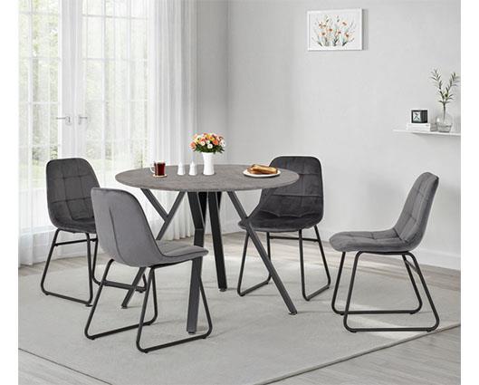 ATHENS ROUND & LUKAS DINING SET (X4 CHAIRS) - CONCRETE/GREY VELVET