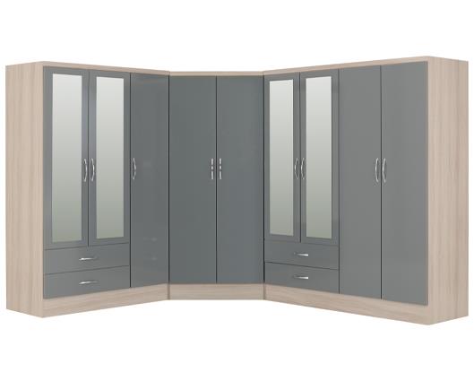 NEVADA 2 DOOR CORNER WARDROBE - GREY GLOSS/LIGHT OAK EFFECT VENEER