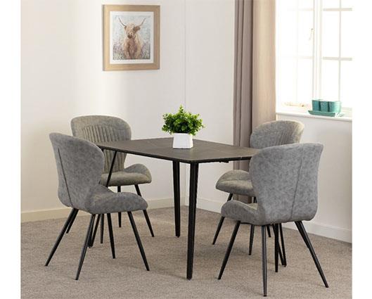 MARLOW & QUEBEC DINING SET (X4 CHAIRS) - BLACK MARBLE/GREY FAUX LEATHER