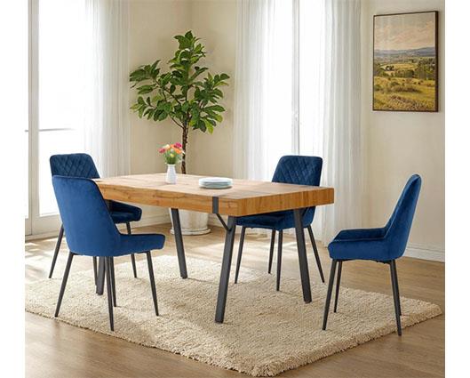 TREVISO & AVERY DINING SET (X4 CHAIRS) - LIGHT OAK EFFECT/SAPPHIRE BLUE VELVET