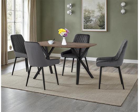 ATHENS RECT & AVERY DINING SET (X4 CHAIRS) - MEDIUM OAK EFFECT/GREY VELVET