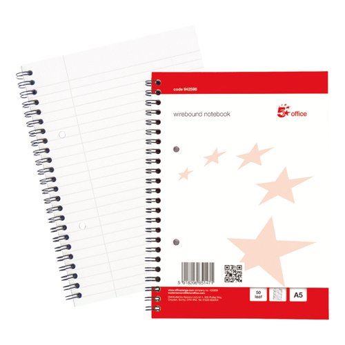 5 Star Office Notebook Wirebound Ruled Margin Perforated 2 Holes 100pp A5+ Red&