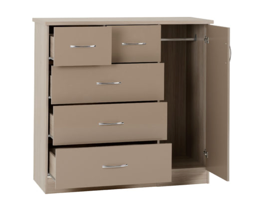 Neptune 5 Drawer Low Wardrobe - Oyster Gloss/Light Oak Effect Veneer