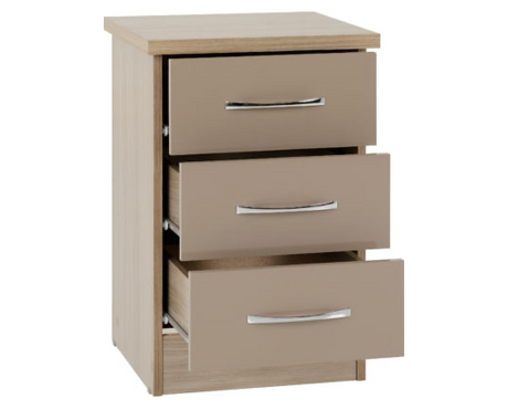 Neptune 3 Drawer Bedside Chest - Oyster Gloss/Light Oak Effect Veneer