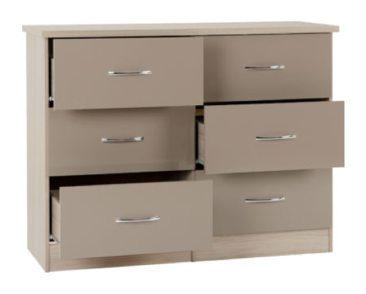 Neptune 6 Drawer Chest - Oyster Gloss/Light Oak Effect Veneer