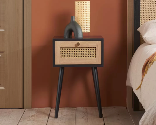 Catalina 1 Drawer Rattan Bedside- Black