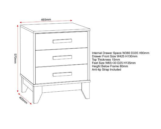 CLEVELAND 3 DRAWER BEDSIDE - WHITE/GREY METAL EFFECT