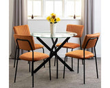 SHELDON ROUND GLASS TOP DINING SET (X4 CHAIRS) - CLEAR GLASS/BURNT ORANGE VELVET FABRIC