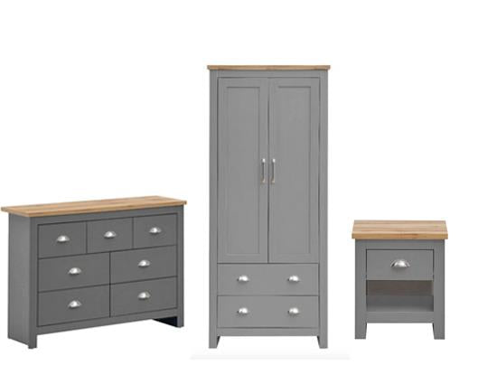 Lincoln 3 Piece Bedroom Set (2 Door Wardrobe, 3+4 Chest, 1 Drawer Bedside)