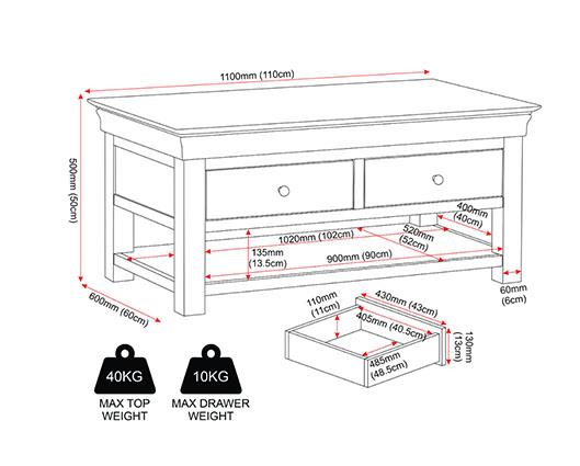BORDEAUX 2 DRAWER COFFEE TABLE - PEBBLE GREY/OAK