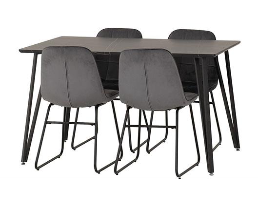 MARLOW & LUKAS DINING SET (X4 CHAIRS) - BLACK MARBLE/GREY VELVET