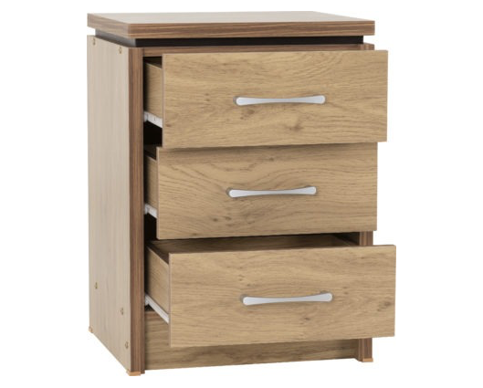 Cordell 3 Drawer Bedside Chest - Oak Effect Veneer with Walnut Trim