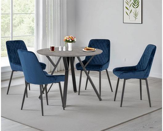 ATHENS ROUND & AVERY DINING SET (X4 CHAIRS) - CONCRETE/SAPPHIRE BLUE VELVET