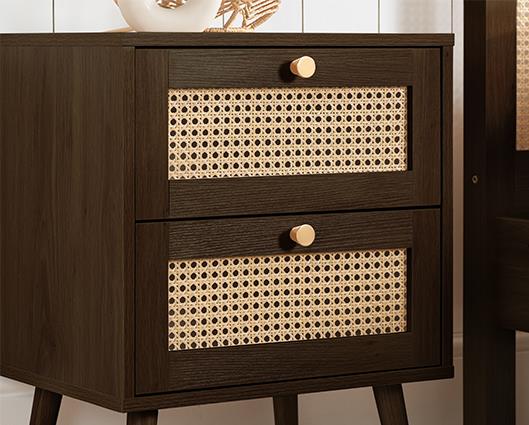 Croxley 2 Drawer Rattan Bedside - Walnut