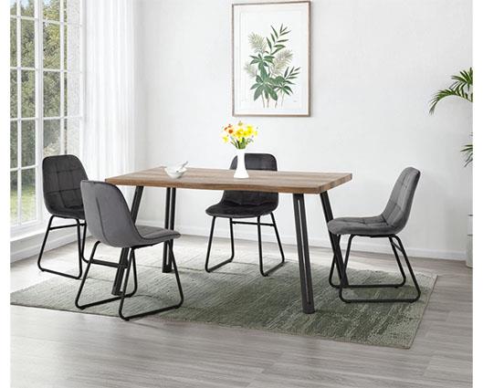 QUEBEC WAVE & LUKAS DINING SET (X4 CHAIRS) - MEDIUM OAK EFFECT/GREY VELVET